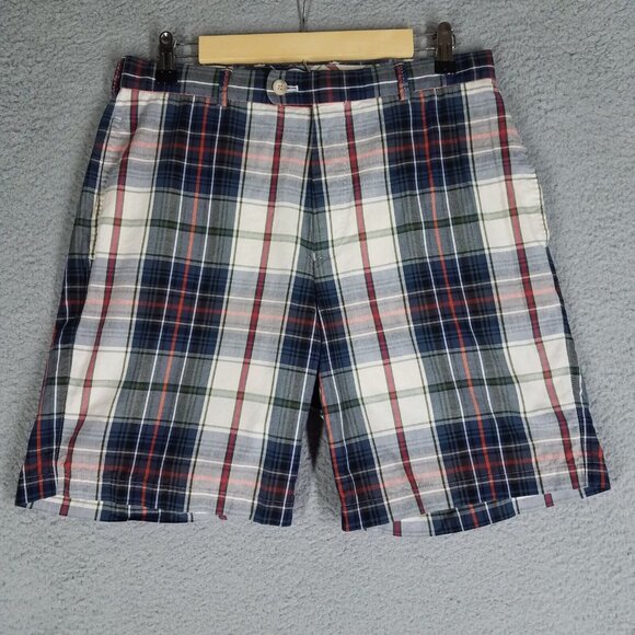 Peter Millar Shorts Adult 32 Plaid Chino 8" Golf Preppy Summer Blue Ivory Men's - Picture 1 of 9
